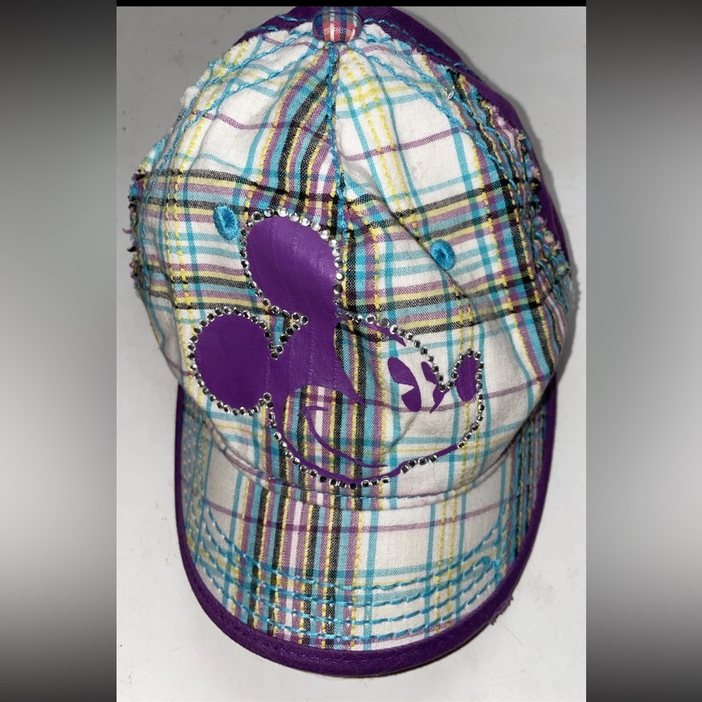 Mickey Mouse Baseball Hat Cap Disney Parks Purple Plaid Rhinestones Strapback